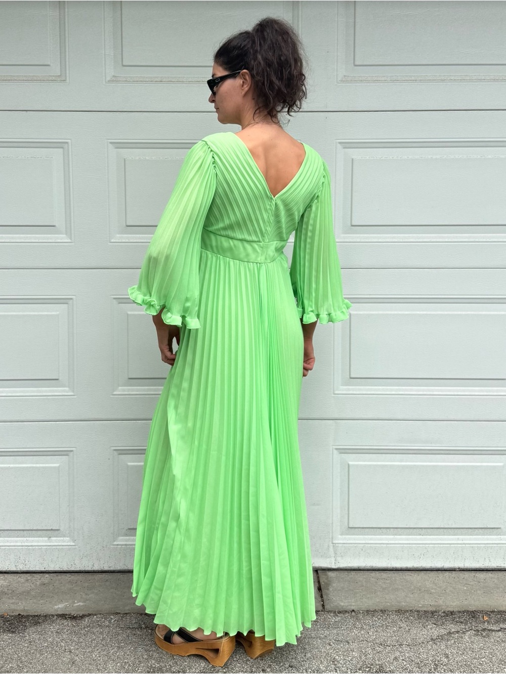 Vintage Crystal Pleated V‑Neck Maxi Dress Bright Green Bell Sleeves Rhinestones - Picture 6 of 10
